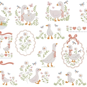 May include: A collection of embroidered designs featuring geese, daisies, butterflies, and dragonflies. The geese have pink ribbons around their necks. Some designs include a mother goose with a baby goose. The designs are in a soft, pastel color palette.