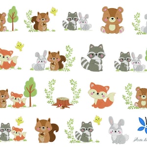 Pode incluir: Um conjunto de 12 desenhos de bordado com adoráveis animais da floresta, incluindo raposas, esquilos, guaxinins, ursos e coelhos. Os desenhos são perfeitos para criar presentes personalizados, decoração de casa ou roupas.