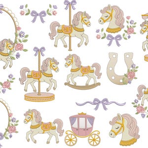 May include: A collection of embroidered carousel horse designs in cream, gold, and pink. The image includes carousel horses, a carriage, a horseshoe, bows, and floral accents. The designs are suitable for embroidery projects.