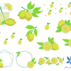 May include: Embroidered lemon designs featuring whole lemons, lemon slices, and lemons on branches with green leaves. Includes a glass of lemonade, geometric frames, and a butterfly logo. The designs are on a white background.