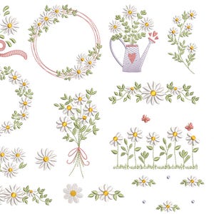 Puede incluir: Un conjunto de 12 diseños de bordado que presentan margaritas blancas en varios arreglos, incluyendo coronas, ramos y bordes. Los diseños son perfectos para agregar un toque de primavera a cualquier proyecto.