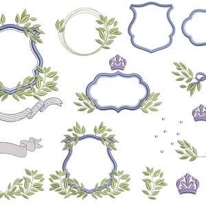 May include: A collection of embroidered designs featuring frames, crowns, and laurel wreaths in shades of blue, green, and purple. Includes a ribbon and a butterfly design. Ideal for embroidery projects.
