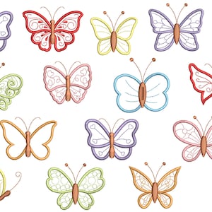 Pode incluir: Uma coleção de 13 desenhos de bordado de borboletas coloridas. As borboletas estão em vários tons de rosa, azul, verde, amarelo e vermelho. Os desenhos são intrincados e detalhados, com asas e antenas delicadas.