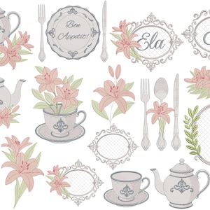 Pode incluir: Uma coleção de ilustrações em estilo vintage com xícaras de chá, bules e arranjos florais. Os desenhos incluem molduras decorativas, talheres e os textos "Bon Appétit" e "Ela". A paleta de cores inclui rosa suave, cinza e verde.