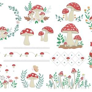 Könnte beinhalten: Eine Sammlung skurriler Pilzillustrationen in Rot und Weiß mit grünen Blättern. Designs umfassen ein Pilzhaus, einen Frosch auf einem Pilz und verschiedene Pilzanordnungen. Der Stil erinnert an Stickmuster.