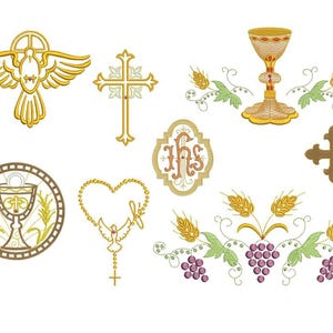 Può includere: Un set di 10 ricami che rappresentano simboli religiosi, tra cui una colomba, una croce, un calice, uva, grano e rosari. I disegni sono in oro, marrone e viola.