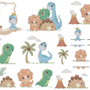 Pode incluir: Um conjunto de 14 ilustrações de dinossauros de desenho animado coloridos. Os dinossauros estão em várias poses, incluindo em pé, sentados e caminhando. Alguns dinossauros usam coroas. As ilustrações são perfeitas para usar em livros infantis, artesanato e outros projetos criativos.