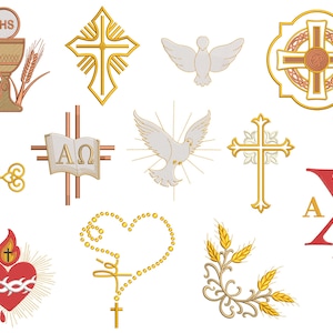 Pode incluir: Uma coleção de bordados religiosos com cruzes, pombas, cálices e outros símbolos cristãos. Os desenhos são em ouro, vermelho e branco, com costuras e enfeites detalhados. Adequados para vários trabalhos manuais religiosos.