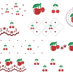 Pode incluir: Um conjunto de desenhos de bordado com cerejas em vários arranjos. Os desenhos incluem cerejas com caules e folhas, cerezas com flores e cerejas em um círculo. Os desenhos são perfeitos para adicionar um toque de doçura a qualquer projeto.