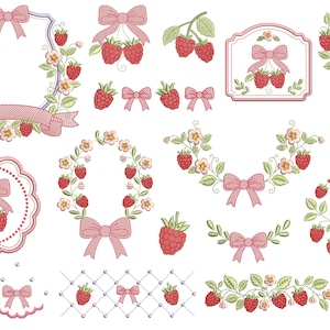 Può includere: Una collezione di disegni per ricamo a macchina con lamponi rossi, foglie verdi, fiocchi rosa e accenti floreali. Il set include vari cornici, ghirlande, bordi e motivi individuali disposti su uno sfondo bianco con un logo blu.
