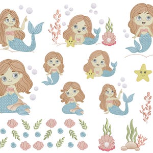 Pode incluir: Um conjunto de desenhos de bordado que apresentam lindas sereias com cabelos longos e fluidos, conchas marinhas, estrelas do mar e algas marinhas. Os desenhos são perfeitos para criar projetos personalizados como roupas, toalhas e decoração para casa.