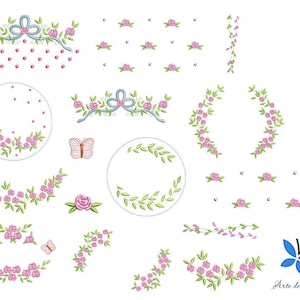 Pode incluir: Um conjunto de 18 desenhos de bordado com rosas cor-de-rosa, folhas verdes, borboletas e coroas. Os desenhos são perfeitos para adicionar um toque de elegância a qualquer projeto.
