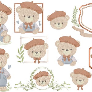 May include: A set of 10 embroidery designs featuring cute teddy bears wearing berets. The designs include various poses and frames, perfect for adding a touch of whimsy to your projects.