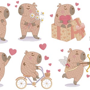 May include: A set of embroidered capybara illustrations with a Valentine's Day theme. The capybaras are shown with hearts, flowers, and gifts. One capybara is riding a bicycle, and another is dressed as Cupid with a bow and arrow.
