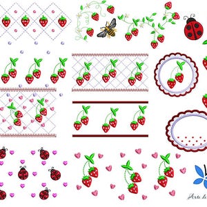 Pode incluir: Uma coleção de designs de bordado com morangos, joaninhas e abelhas. Os designs incluem padrões repetitivos, arranjos florais e molduras decorativas. A paleta de cores é principalmente vermelha, verde e branca, com toques de preto e azul.