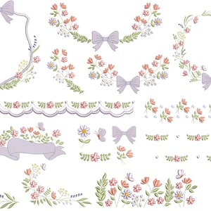 Pode incluir: Uma coleção de desenhos de bordado floral com flores rosa e brancas, folhas verdes e laços lavanda. Inclui molduras, bordas e elementos florais individuais. Os desenhos são delicados e adequados para vários projetos de artesanato.