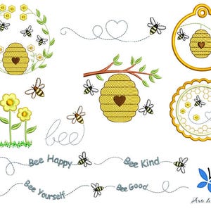 以下が含まれることがあります： ミツバチをテーマにした刺繍デザイン。蜂の巣、蜂、花、そして「Bee Happy」、「Bee Kind」、「Bee Good」、「Bee Yourself」というフレーズが描かれています。