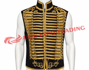 Men’s Black Hussar Vest – Military Drummer Parade Jacket with Gold Braiding