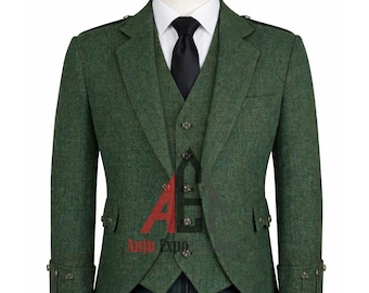 Scottish Men’s Lovat Green Argyle Kilt Jacket & Vest – Handmade Highland Outfit