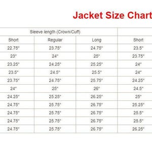 Op de afbeelding: Een witte tabel met de titel "Jacket Size Chart" met afmetingen voor borst, taille, mouwlengte en jaslengte. De maten zijn in inches, vari&euml;rend van 86 cm tot 137 cm.