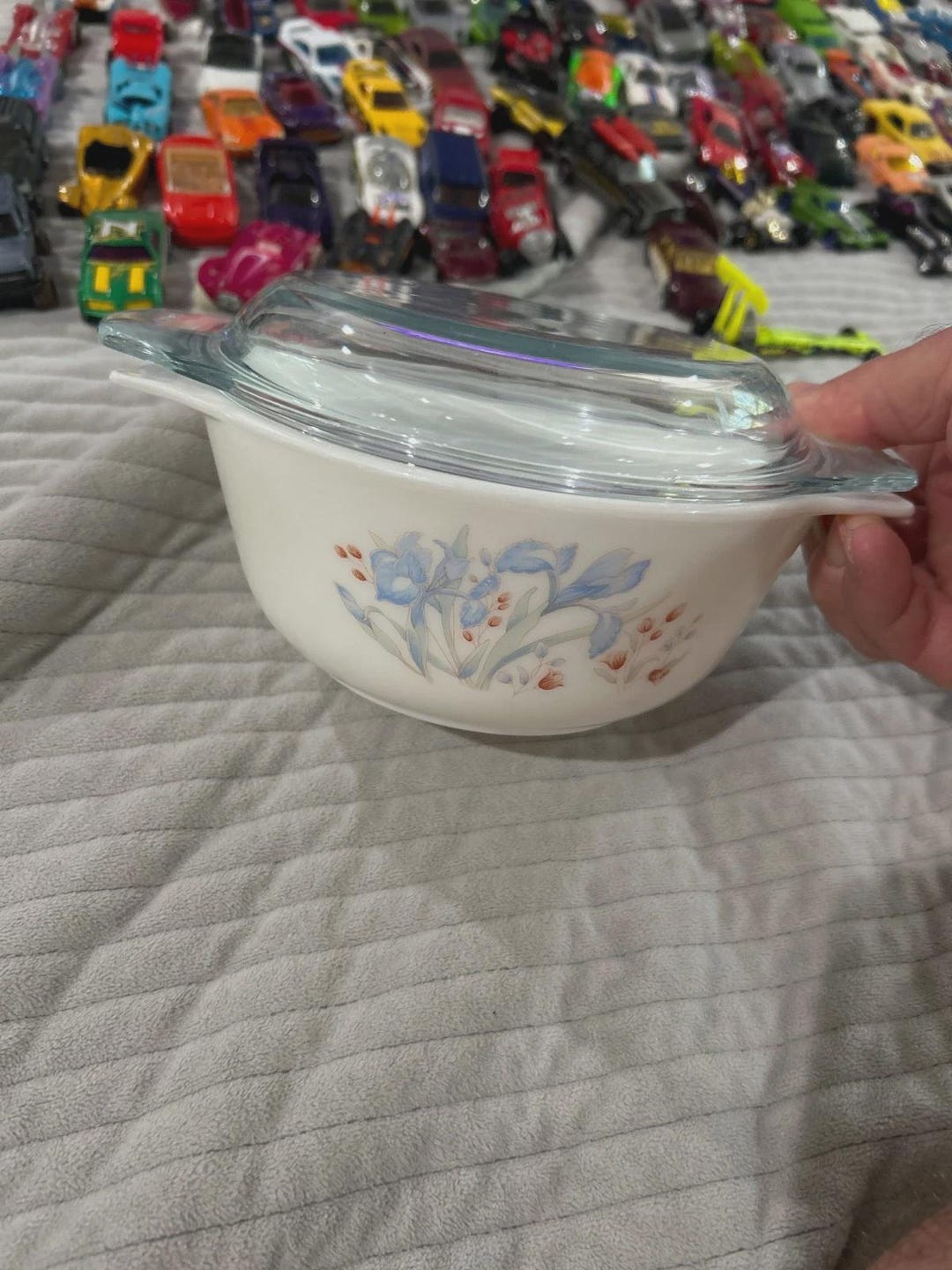 Pyrex England Blue Iris White Ceramic Casserole Dish With Lid Vintage ...