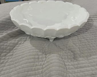 Indiana Milk glass large Heavy Embossed Footed OVAL FRUIT BOWL 8" X 12" 1950's