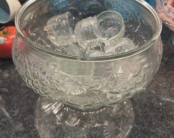 Vintage Jeannette Fruit Clear Glass Punch Bowl Set: 12 Cups