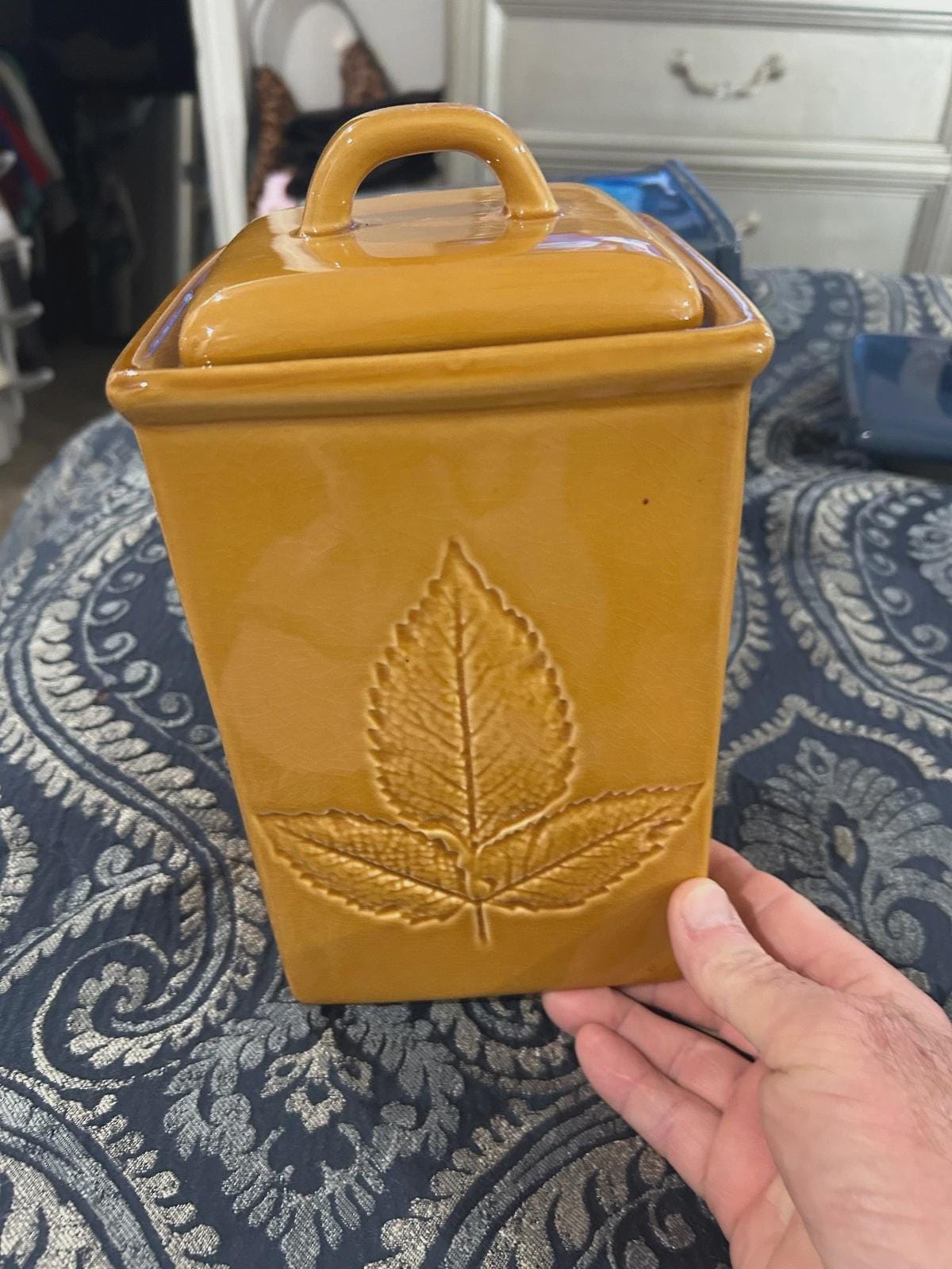 Lillian Vernon Leaf Motif Large Canister in Warm Sunburnt Yellow