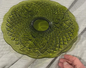 Vintage Fenton Green Glass Cake, Plate, - Diamond and Fruit Pattern