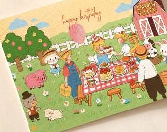happy birthday postcard • 4"x6", cozy aesthetic, cute stationery, hand drawn illustration, kawaii wall art, home decor print, farm animals