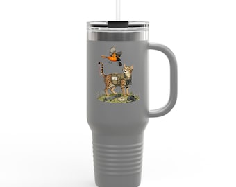 Taza de viaje isotérmica Ornithologist Ocicat de 1.1 litros: Serie de diseños de animales con aliteración