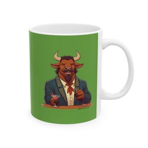 Merry Minotaur Ceramic Mug: Alliterative Animal Art, Whimsical Drinkware