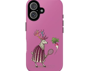 May include: A magenta phone case featuring a whimsical illustration of a deer with colorful antlers, wearing a striped robe, and holding a tennis racket. A radish with green leaves is also depicted. The case has a dual-camera cutout.