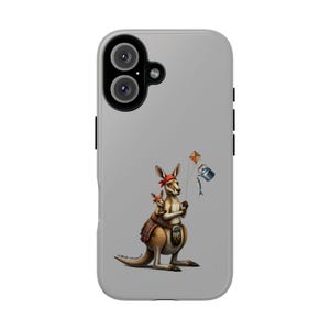 May include: A phone case featuring a cartoon kangaroo with a joey, wearing a red bandana and plaid kilt. The kangaroo holds a kite, a fish, and a bucket. The case is light gray.