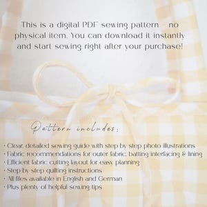 May include: Digital PDF sewing pattern with text: "This is a digital PDF sewing pattern - no physical item. You can download it instantly and start sewing right after your purchase!" Includes sewing guide, fabric recommendations, cutting layout, quilting instructions.
