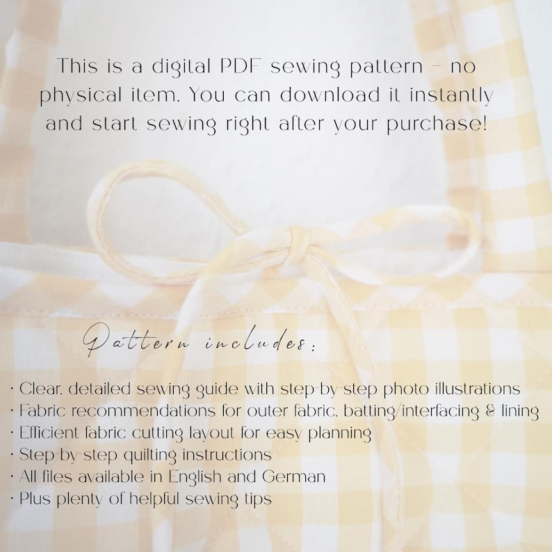 May include: Digital PDF sewing pattern with text: "This is a digital PDF sewing pattern - no physical item. You can download it instantly and start sewing right after your purchase!" Includes sewing guide, fabric recommendations, cutting layout, quilting instructions.