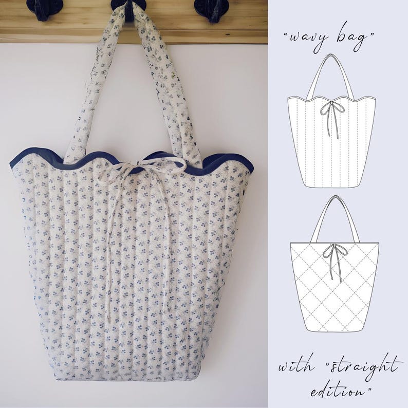 May include: A quilted tote bag with a wavy top edge and matching handles. The bag is white with a blue floral pattern and a dark blue trim. The bag has a bow closure and the text "wavy bag" is visible.