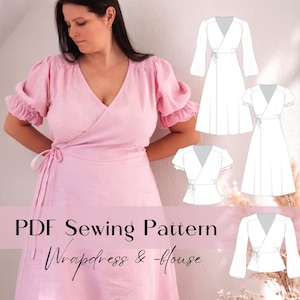 Patrón de costura en PDF Dhara: vestido cruzado y blusa peplum, tamaño A4/A0/US Letter, instrucciones en alemán e inglés, descarga inmediata.