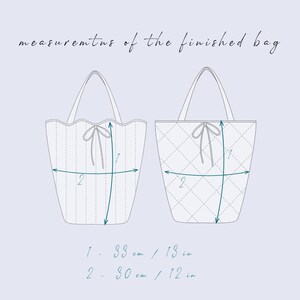 May include: Illustration of two tote bags with measurements. The text reads "measurements of the finished bag." One bag is vertically striped, the other is quilted. Measurements are 33 cm / 13 in and 30 cm / 12 in.