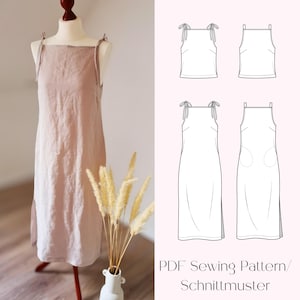 Pode incluir: Um vestido de linho rosa claro com alças amarradas em um manequim. O vestido tem um decote quadrado e uma fenda lateral. Ao lado, há um diagrama do vestido e da parte superior. O texto "PDF Sewing Pattern / Schnittmuster" está na parte inferior.