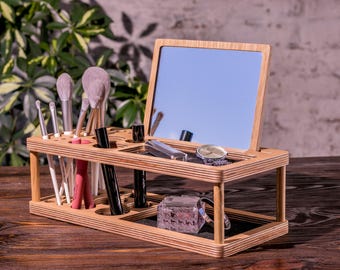 Wooden Vanity Organizer with Mirror – Makeup & Jewelry Station, Gift for Mom, Daughter, Girlfriend, Beauty Desk Organizer