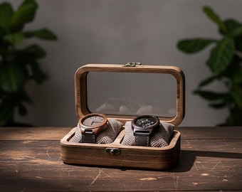 Caja para relojes de nogal macizo, organizador de relojes de 2 ranuras, tapa de cristal o madera, vitrina monolítica de madera para hombre.