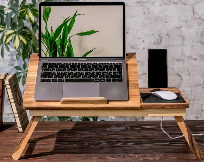 Featured listing image: Wooden Laptop Stand Adjustable – Walnut "iDesk" – Handmade Desk Organizer for Remote Work & Office Setup | Ergo Nest