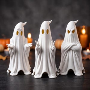 Peut inclure: Trois figurines de fantômes blanches en matériau mat. Le fantôme de gauche a les paumes ouvertes, celui du centre fait des signes de paix avec les deux mains, et celui de droite a les bras croisés avec une expression sévère. Yeux évidés.