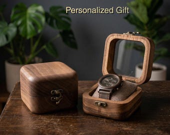 Personalized Watch Box for Men, Walnut Watch Organizer, Engraved Gift for Dad, Wooden Watch Case with Glass or Wood Lid