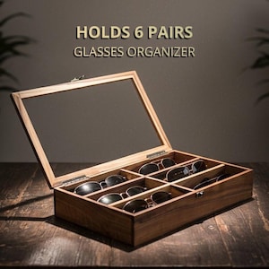 Organizador de gafas de sol, estuche de nogal para gafas con 6 compartimentos, caja de almacenamiento de gafas personalizada, tapa de cristal o madera, idea para regalo.