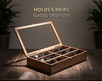 Sonnenbrillen Organizer, Walnuss Brillenetui 6 Slot, personalisierte Brillen Aufbewahrungsbox, Glas oder Holzdeckel, Geschenkidee