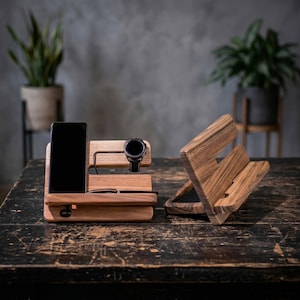 Docking station in noce, supporto per telefono e orologio, organizer da scrivania, compatibile con Apple Watch e Samsung, regalo per lui