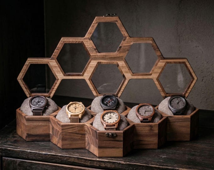 Featured listing image: Hexagonal Walnut Watch Box, 6 Slot Wooden Organizer, Glass or Wooden Lid, Engraved Gift for Men