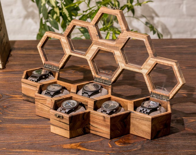 Featured listing image: Hexagonal Watch Box for 6 | Walnut Wood & Glass Lid | Honeycomb Display Case
